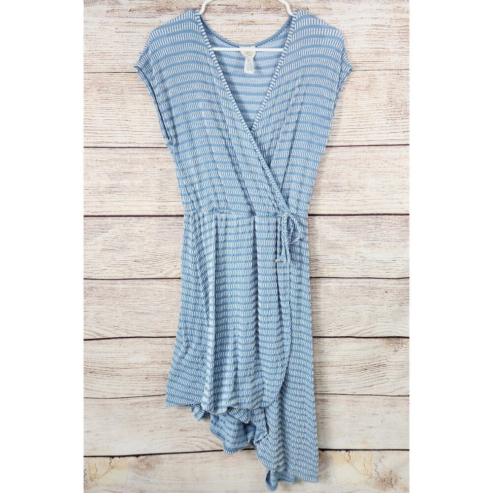Caution To The Wind Womens Short Sleeve Pinstripe Wrap Dress Blue Medium Beach